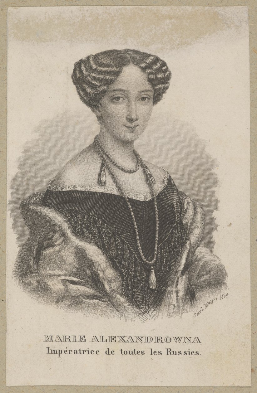 Maria Alexandrovna (born Maximiliana Wilhelmina Maria von Hessen-Darmstadt, 1824 Darmstadt - 1880 Petersburg) – youngest daughter of Ludwig II of Hesse and Wilhelmina of Baden, Duchess of Hesse, Empress of Russia as the wife of Tsar Alexander II by Carl Mayer