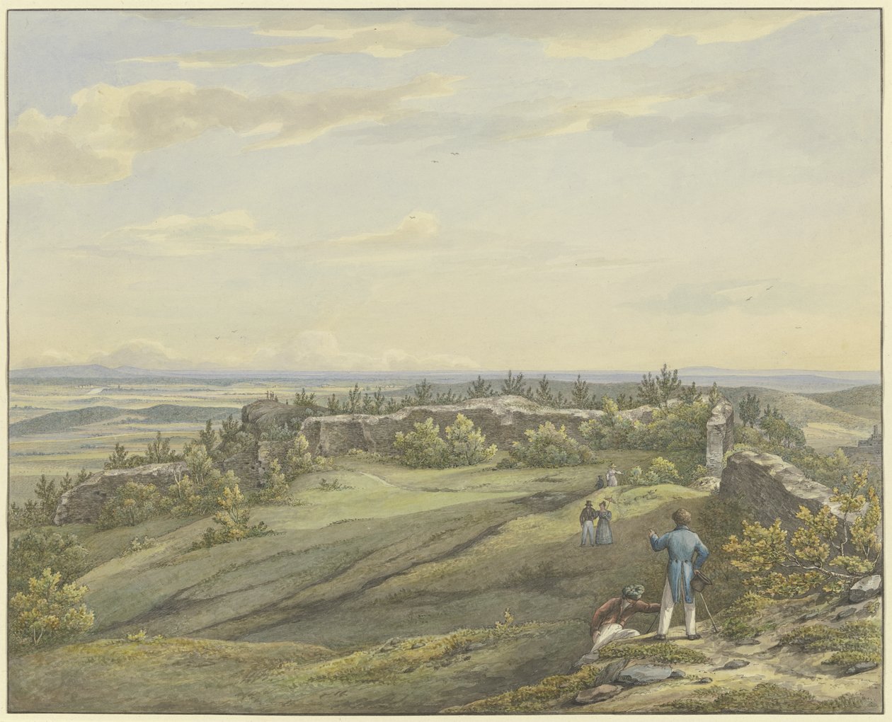 Castle courtyard of Falkenstein ruins with a view of the Main plain, the Odenwald and the Rhine hills by Carl Morgenstern