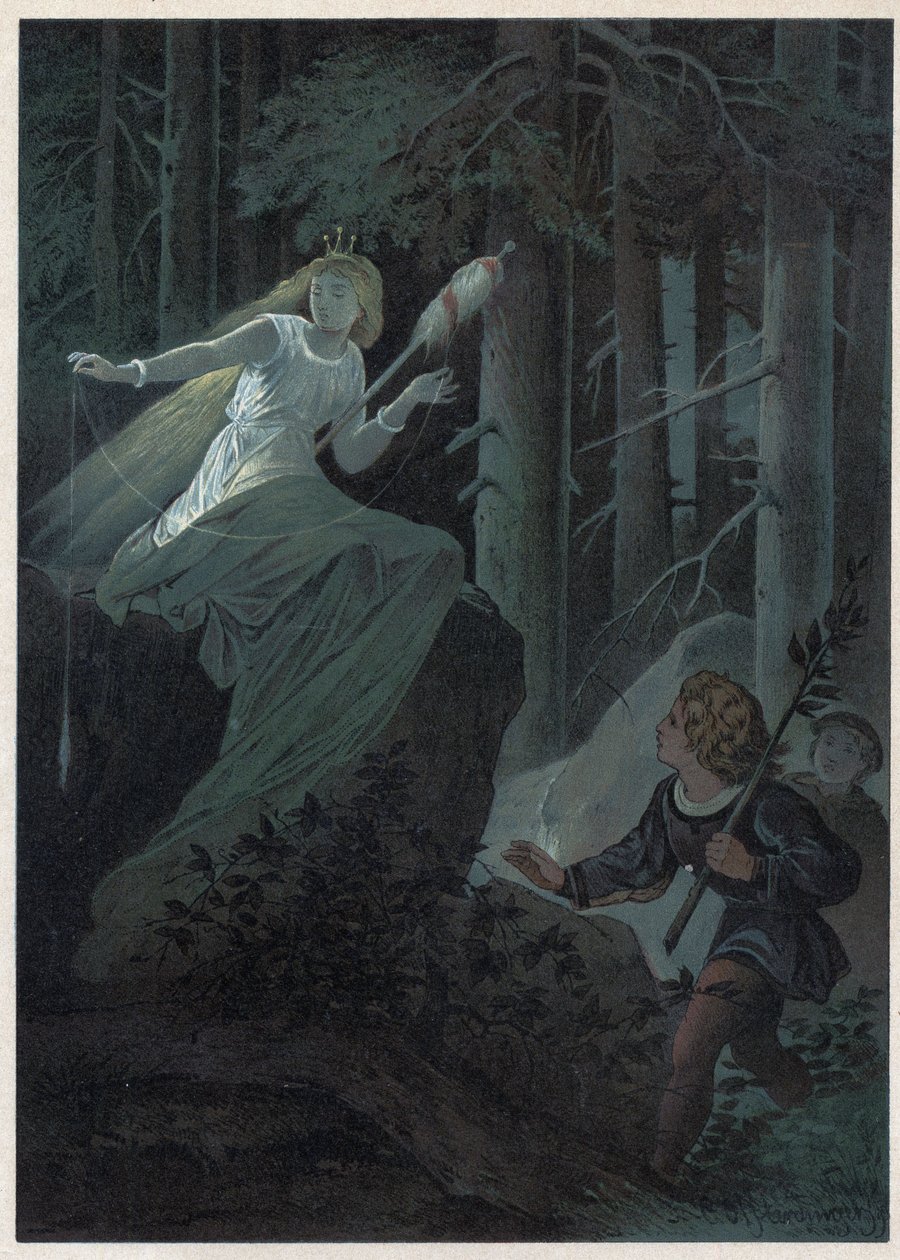 The fairy running away with a golden spindle was singing the fate of a golden button. Illustration by Carl Offterdinger in Bouton d