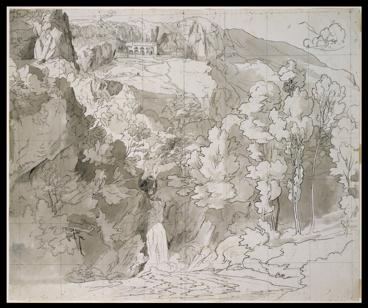 Landscape near Subiaco with a Waterfall and San Benedetto Monastery by Carl Philipp Fohr