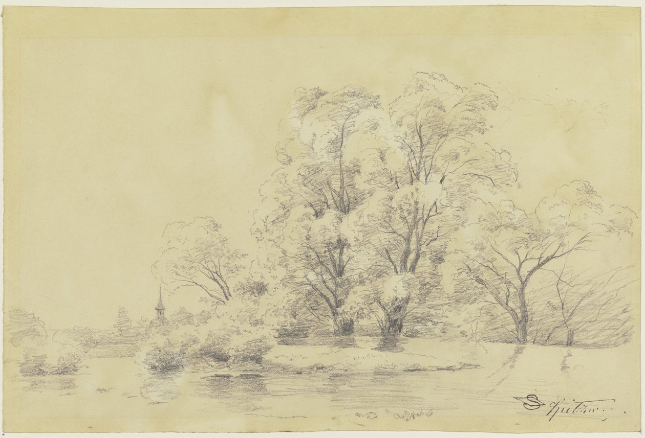 Landscape with Trees by the Water, in the Distance the Tower of a Village Church by Carl Spitzweg