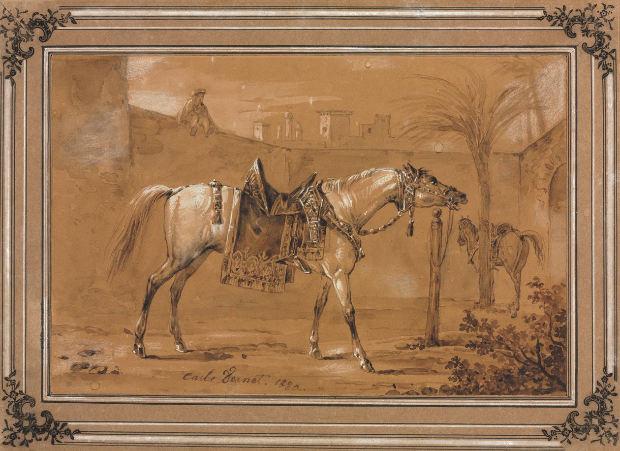 Saddled Arabian Horse in Courtyard by Carle Vernet
