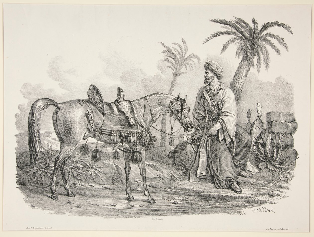 Seated Arab holding the Bridle of an Arabian Horse by Carle Vernet