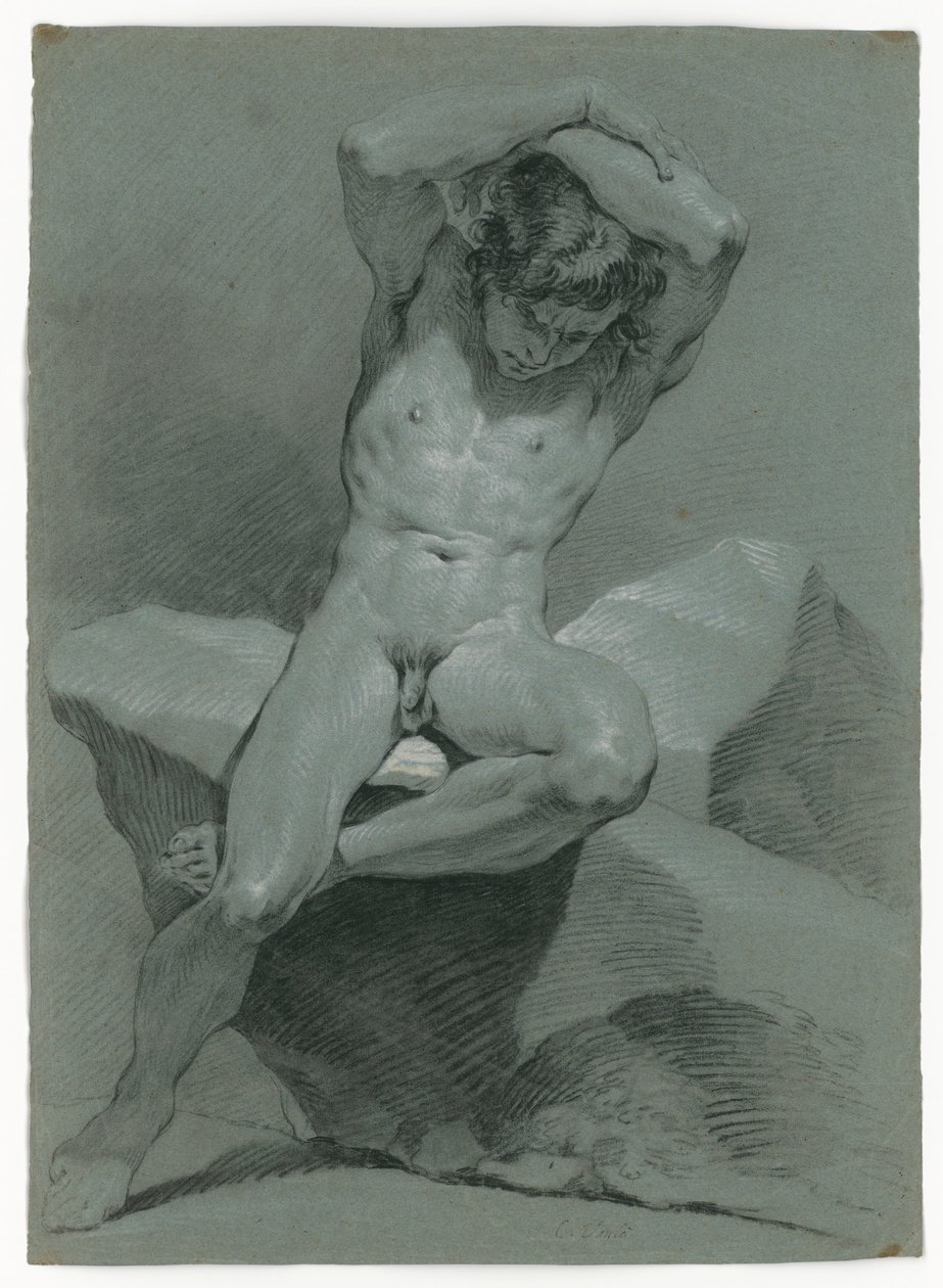Nude study of a seated man, arms crossed above his head by Carle van Loo
