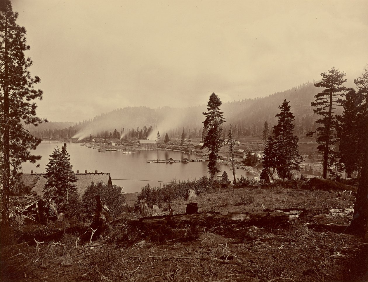 View of Glenbrook Bay, Lake Tahoe, Showing Saw Mills, Breakwater and Steamers of Carson and Tahoe Lumber and Flume Co., also Lake Terminus of Lake Tahoe, N.G.R.R. by Carleton Watkins