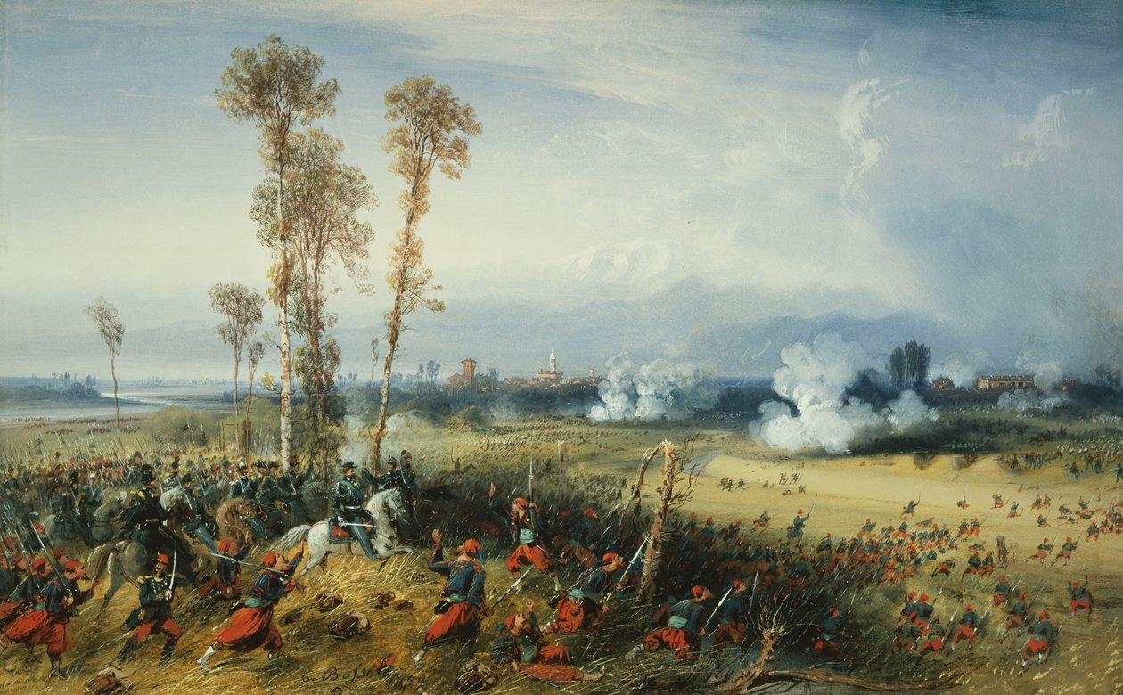 The War in Italy: The Battle of Palestro, the King of Sardinia Heading the Troops by Carlo Bossoli