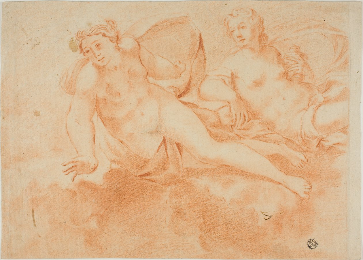 Two Cloud-Borne Nude Female Figures (front); Fragment of Reclining Figure (back) by Carlo Cignani