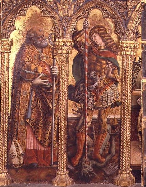 St. Nicholas and St. Michael, (detail) from the San Martino Polyptych by Carlo Crivelli