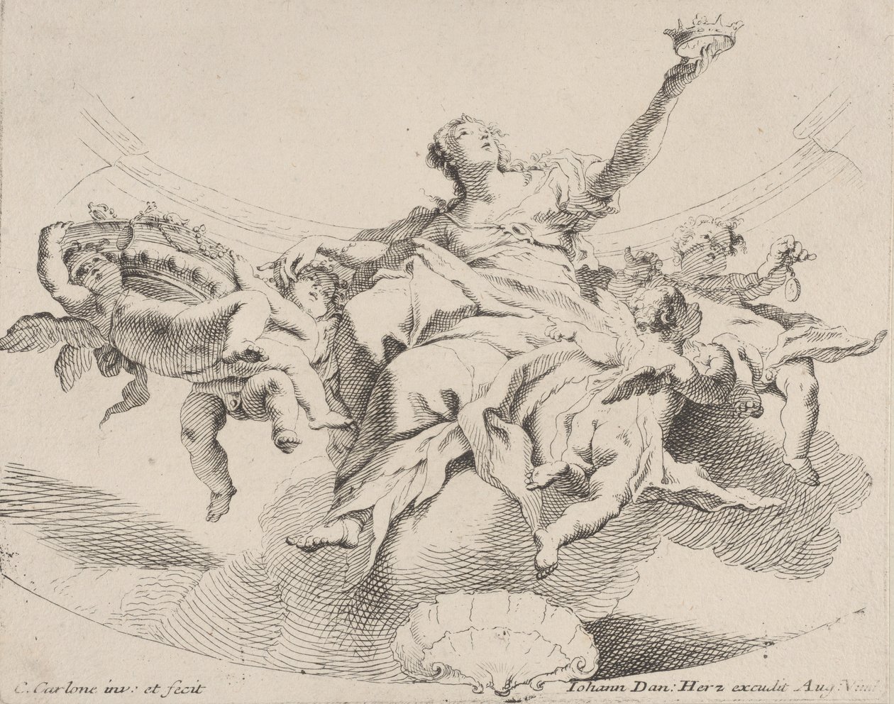 Power, represented by a woman seated on clouds holding a crown and surrounded by putti by Carlo Innocenzo Carloni