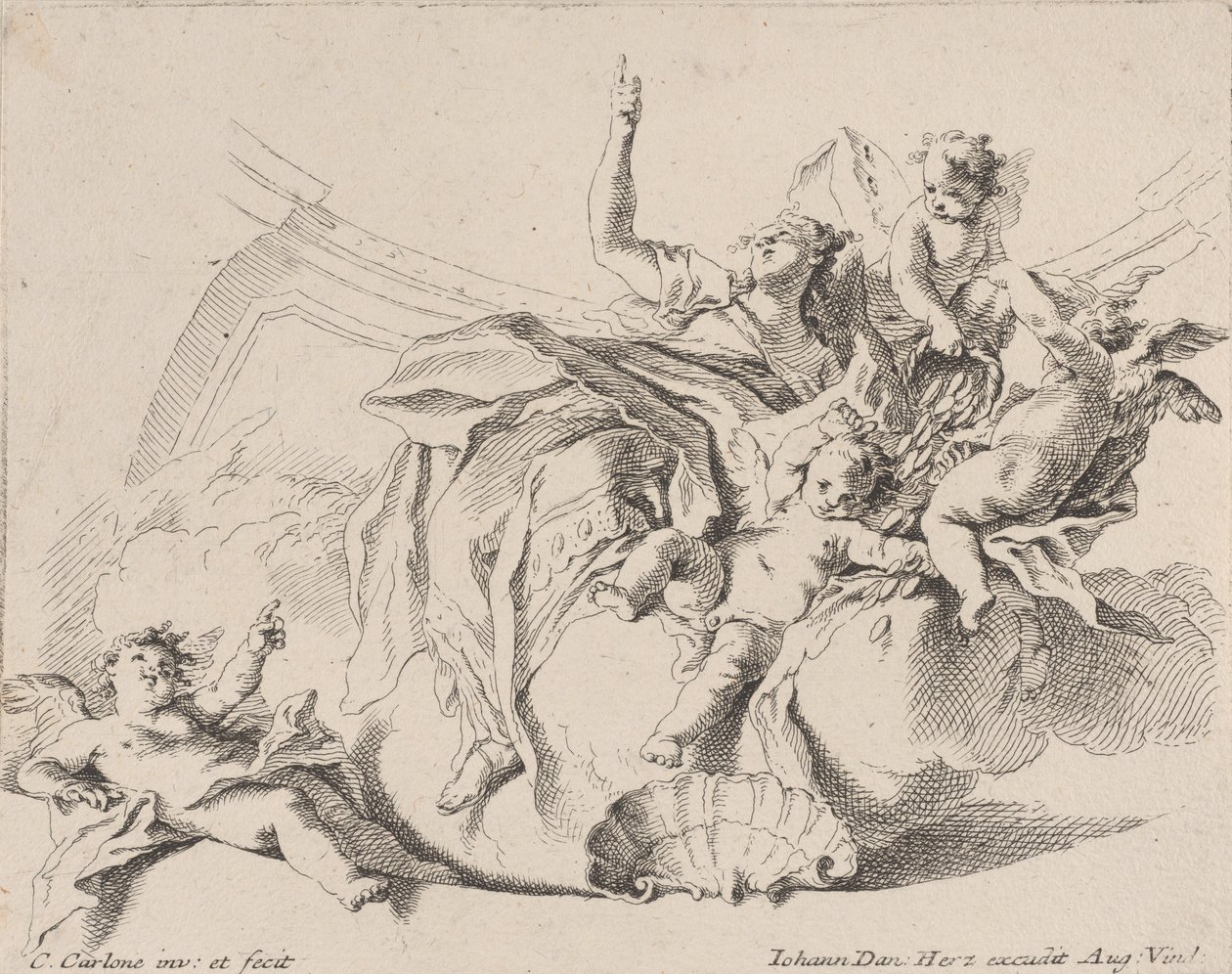 Wealth, represented by a woman seated on clouds and surrounded by putti, 1725-75 by Carlo Innocenzo Carloni