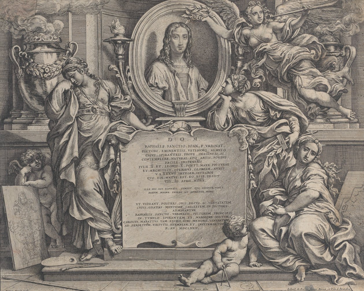 Frontispiece with Oval Portrait of Raphael, with Three Allegorical ...