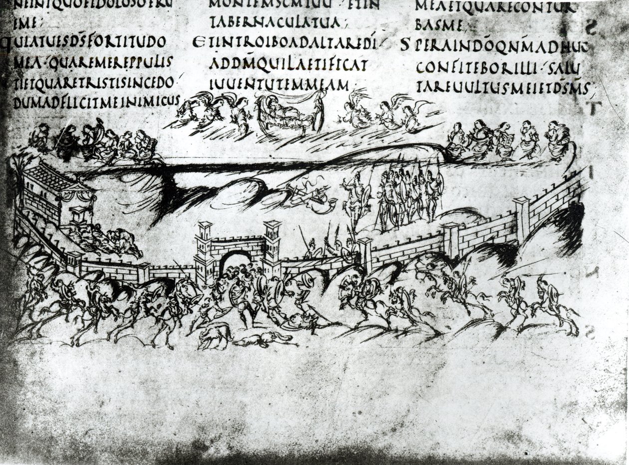 Illustration of various scenes from Psalm 43 including the verse Awake, why sleepest thou, O Lord?, from the Utrecht Psalter, copy of the original from Reims now in Utrecht University Library by Carolingian School