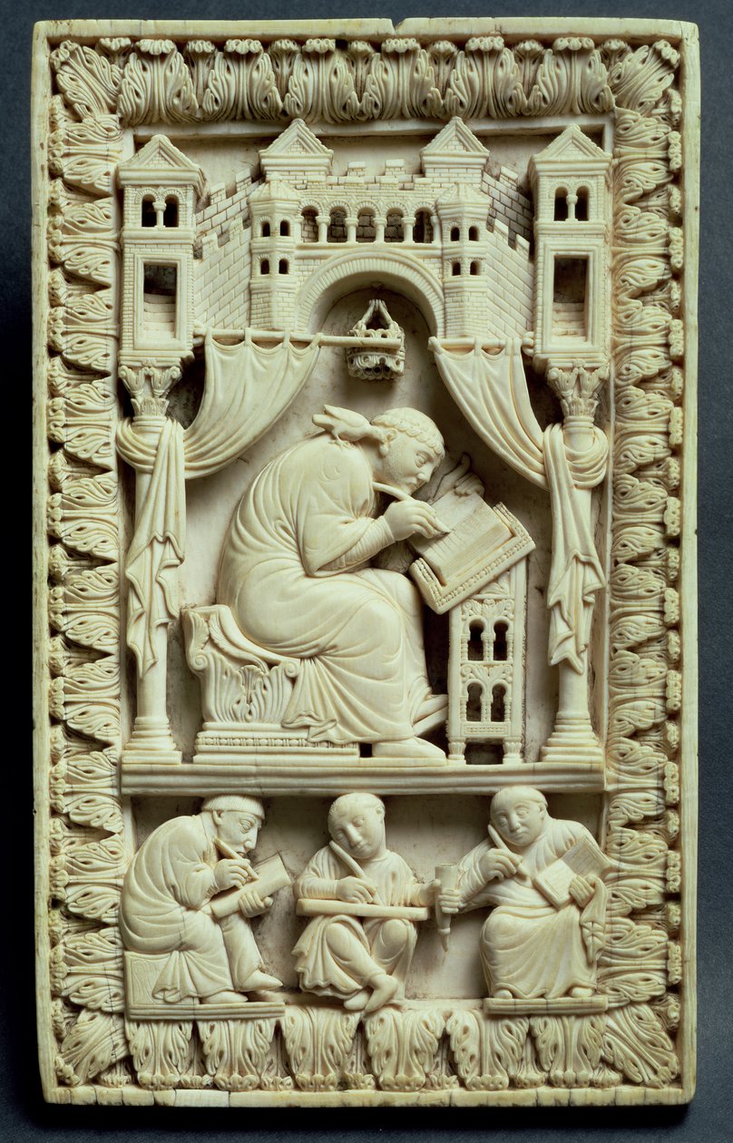 St. Gregory writing with scribes below, Franco-German School, c.850-875 by Carolingian School