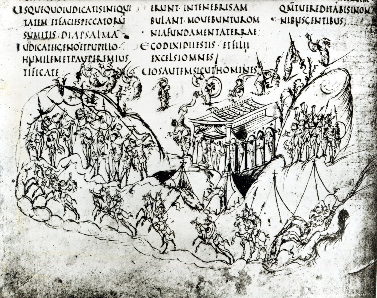 Various scenes illustrating a psalm, from the Utrecht Psalter, copy of the original from Reims now in Utrecht University Library by Carolingian School