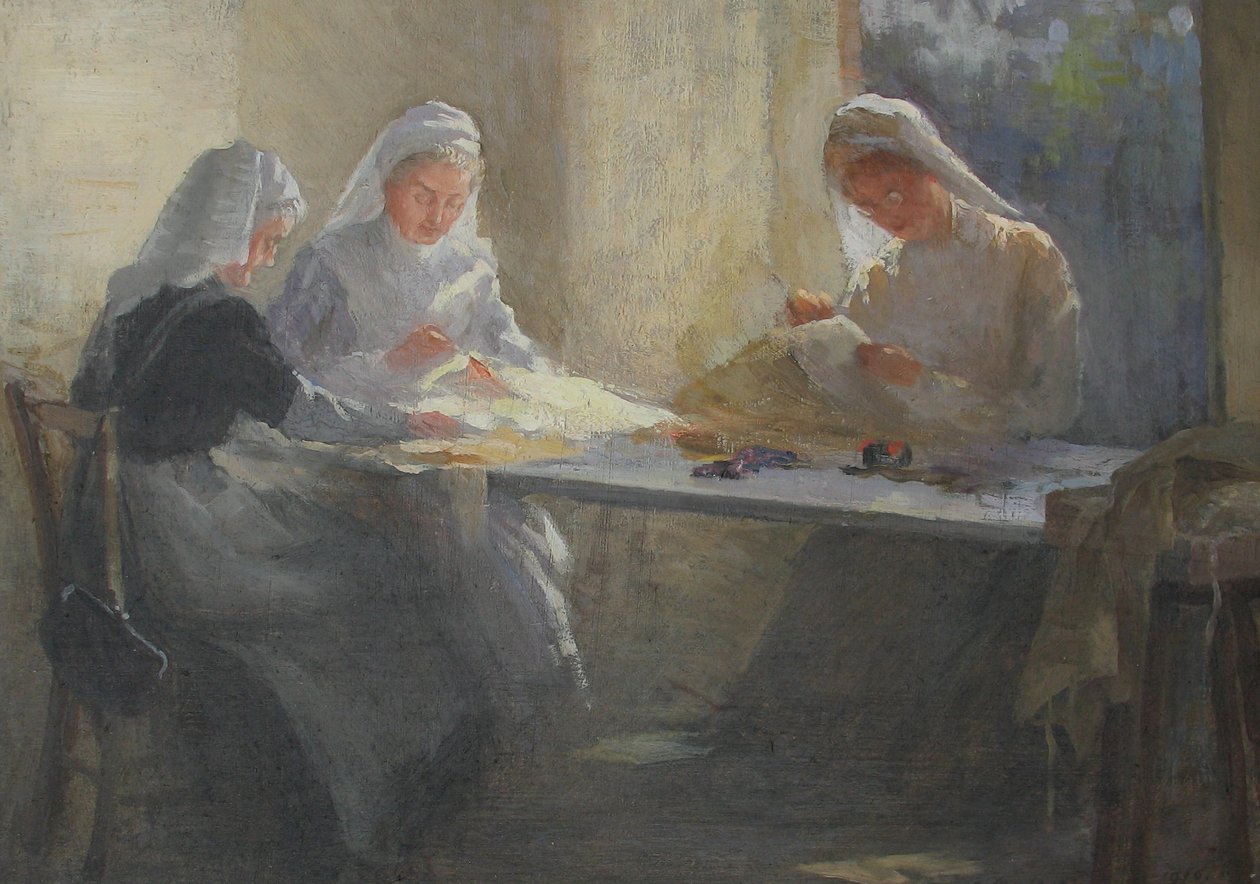Kensington War Hospital Supply Depot (Kensington Square), Three Nurses Sitting at a Table Sewing, c.1916 by Catherine Ouless