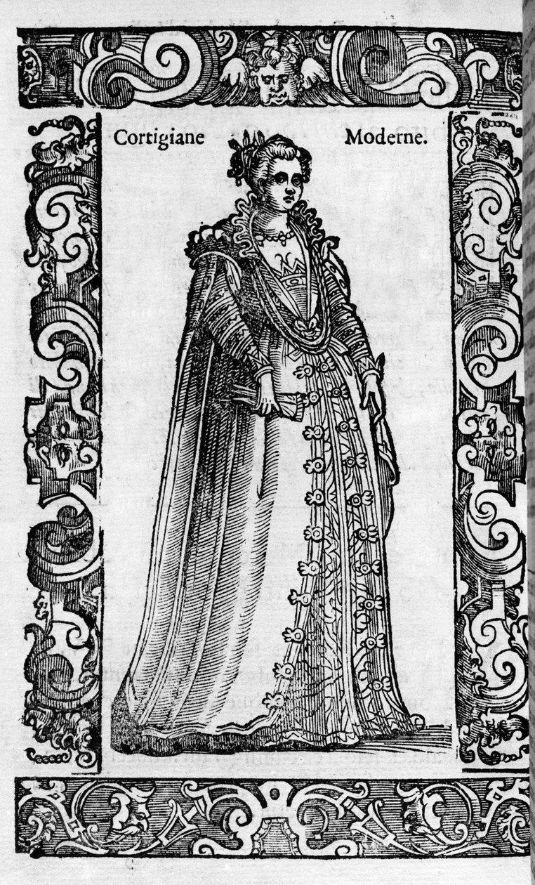 Renaissance: a Roman Courtesan in the 16th Century. Engraving from 