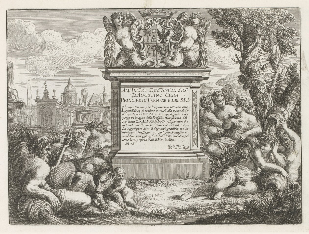 Dedication to and Coat of Arms of Agostino Chigi and View of Rome (series title: Fountains of Rome) by Cesare Fantetti