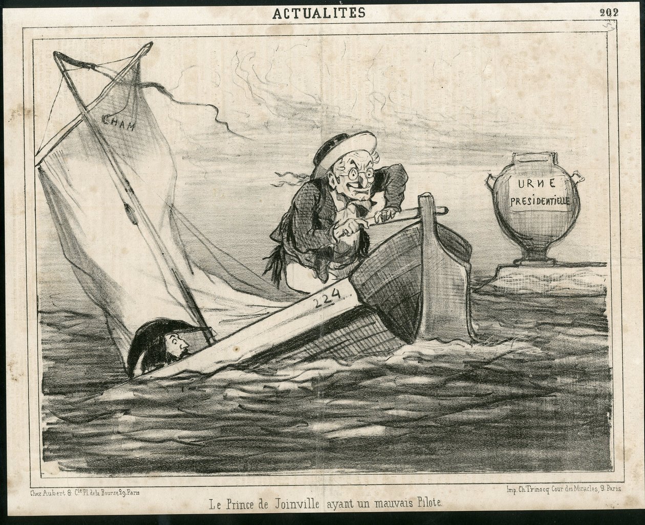 Illustration of Cham (1819-1879) in Le Charivari, circa 1850 - The Prince of Joinville having a bad pilot - Elections, President of the Republic, Maritime Marine Nautique Balneaire - Thiers Adolphe, François d