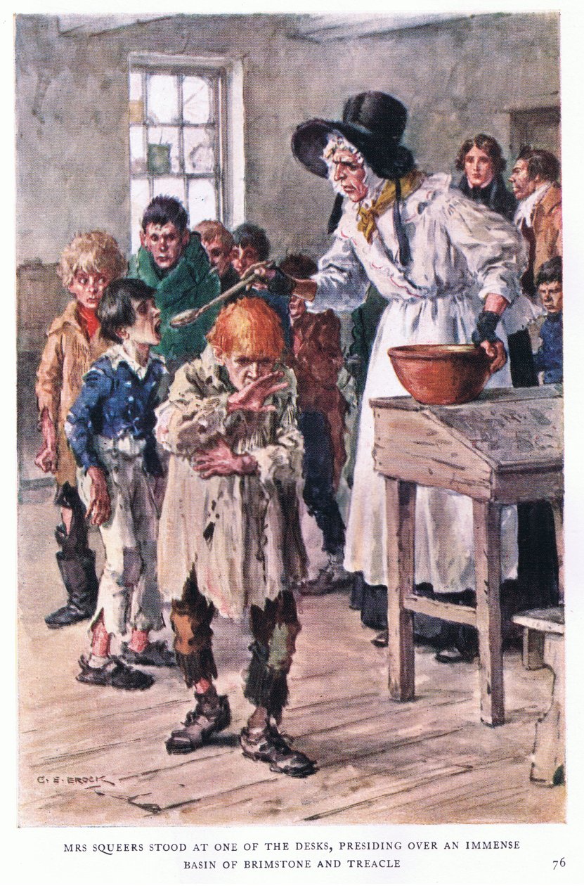 Mrs Squeers stood at one end of the desks, presiding over an immense basin of brimstone and treacle by Charles Edmund Brock