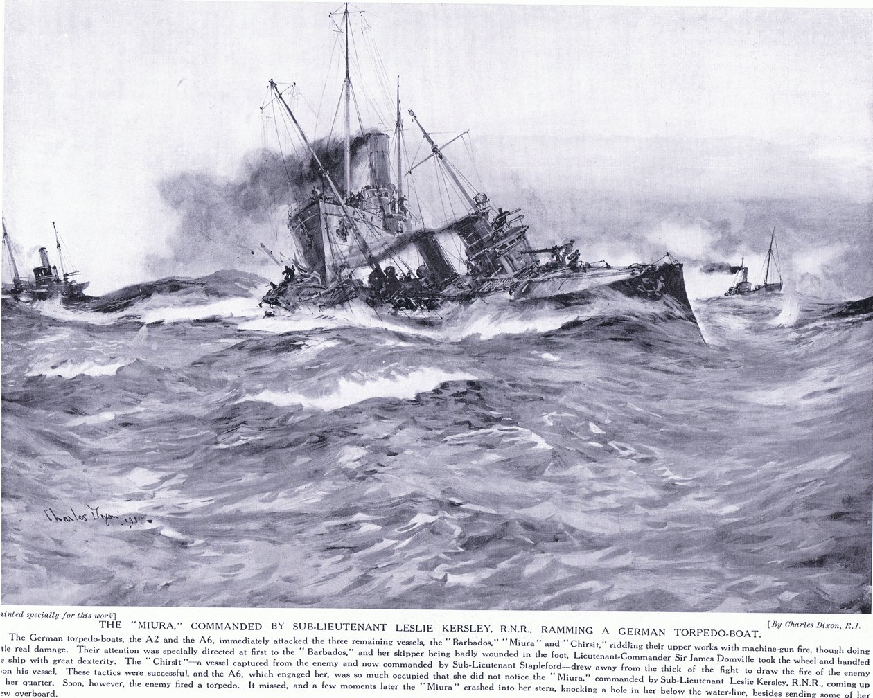 Th Miura commanded by Sub Lieutenant Lesley Kelsey RNR ramming a German Torpedo boat, October 1914 by Charles Edward Dixon