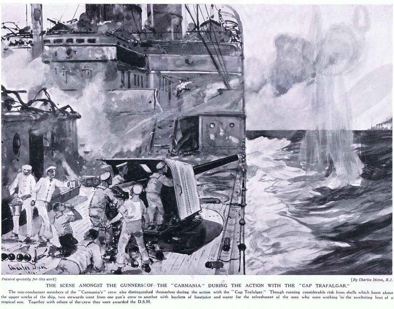 The Scene Amongst the Gunners of the Carmania During the Action with the Cap Trafalgar by Charles Edward Dixon