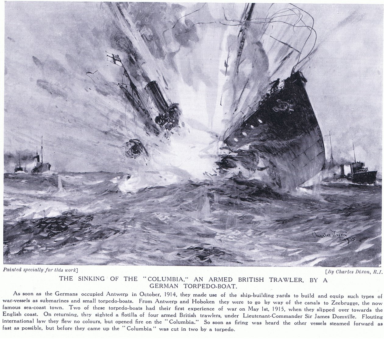 The sinking of the Columbia an armed British trawler by a German ...