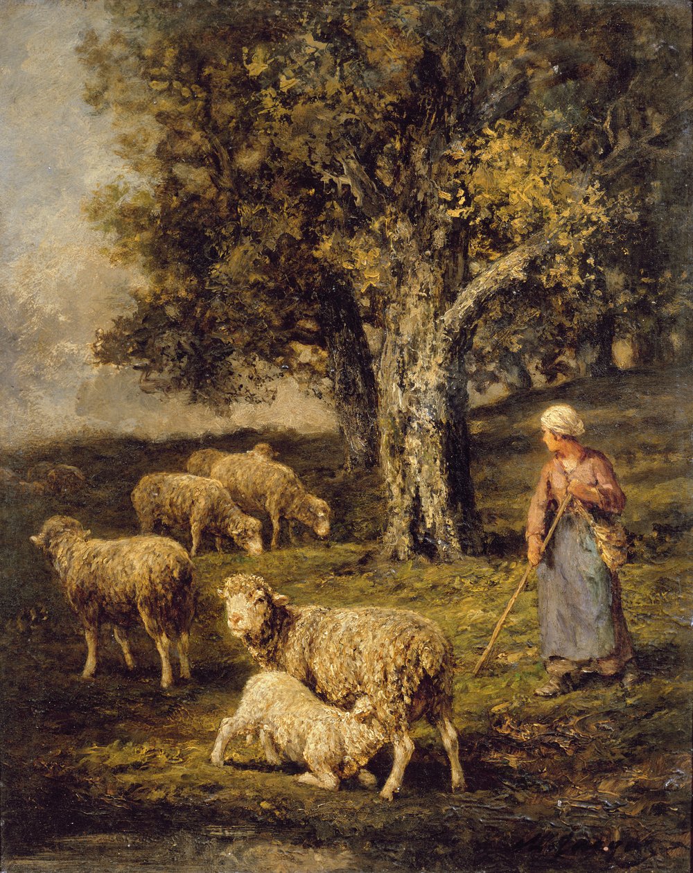 A Shepherdess and Sheep in a Barbizon Landscape