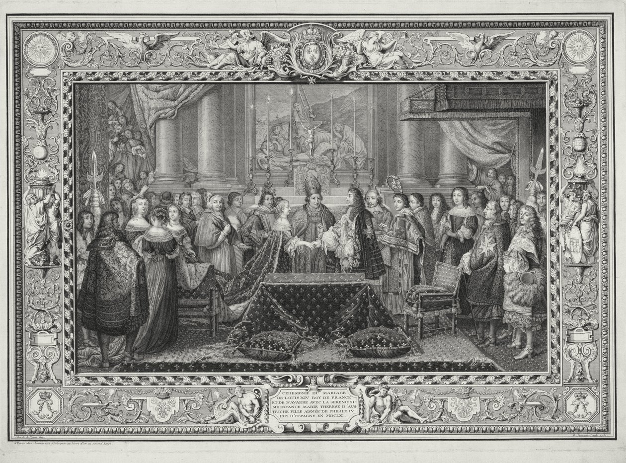 Marriage Ceremony of Louis XIV King of France and Navarre, and the Infanta, Maria Theresa of Austria daughter of Philip IV, King of Spain in 1660, engraved by B. Jeaurat, 1731 by Charles Le Brun