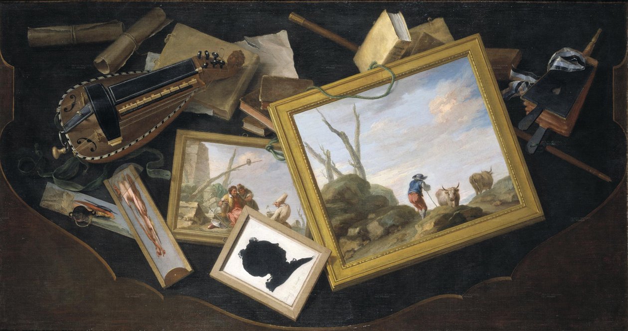 Disordered Table with Paintings, Hurdy-Gurdy, Books, and Other Trompe-l ...