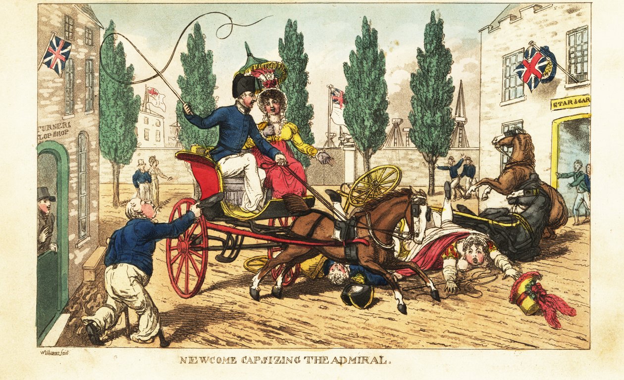 Midshipman Newcome crashes his gig into the admiral’s two-horse carriage in Gosport by Charles (c.1797 1850) (after) Williams
