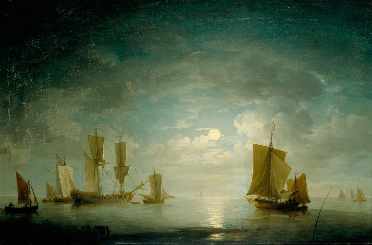 An English Frigate and Coastal Craft Becalmed by Moonlight by Charles Brooking