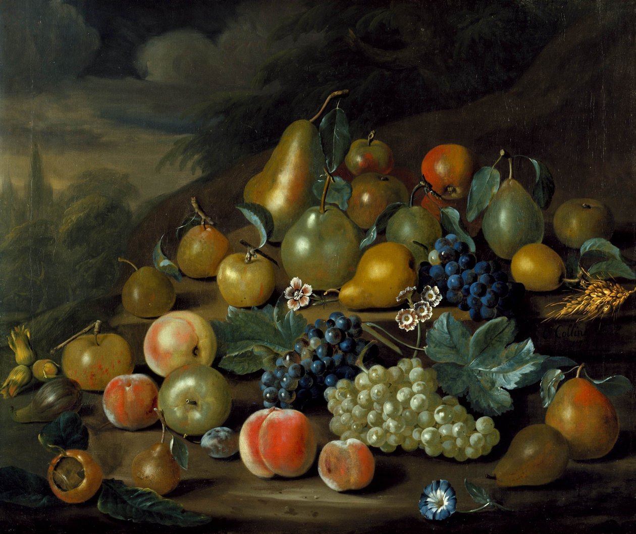 A Still Life of Pears, Peaches and Grapes by Charles Collins