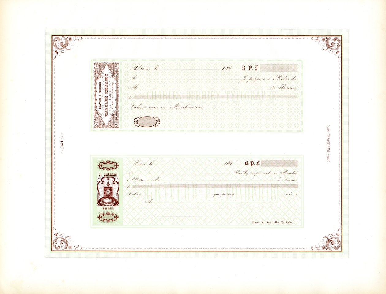 Sample Templates for Elegant Bills of Exchange on Green Background by Charles Derriey