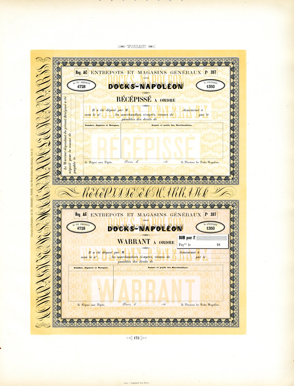 Warehouse Receipts for Docks-Napoléon with Ornamental Border Decorations by Charles Derriey