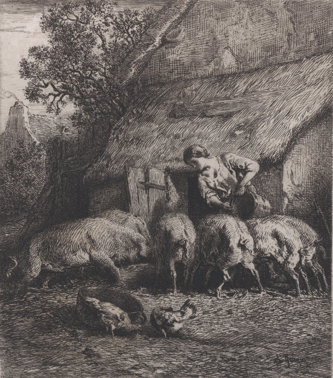 Woman Feeding Pigs, 1850 by Charles Emile Jacque