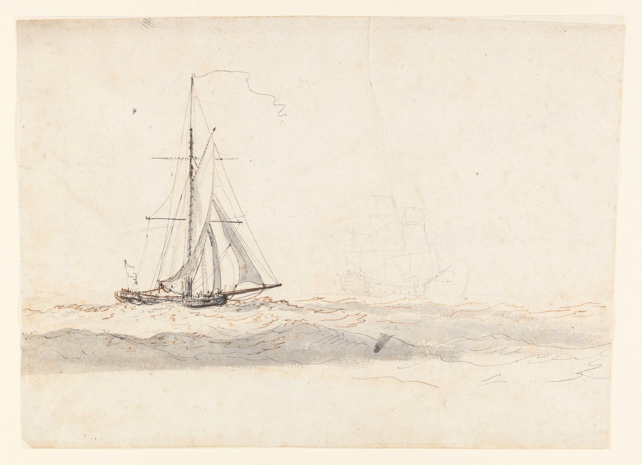 A cutter before the wind with a ship in the distance by Charles Gore