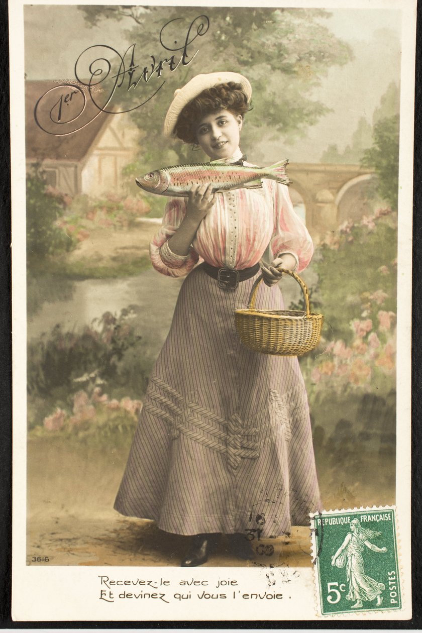 Old Postcard/April Fish/Woman of the Belle Epoque by Augustus Kollner