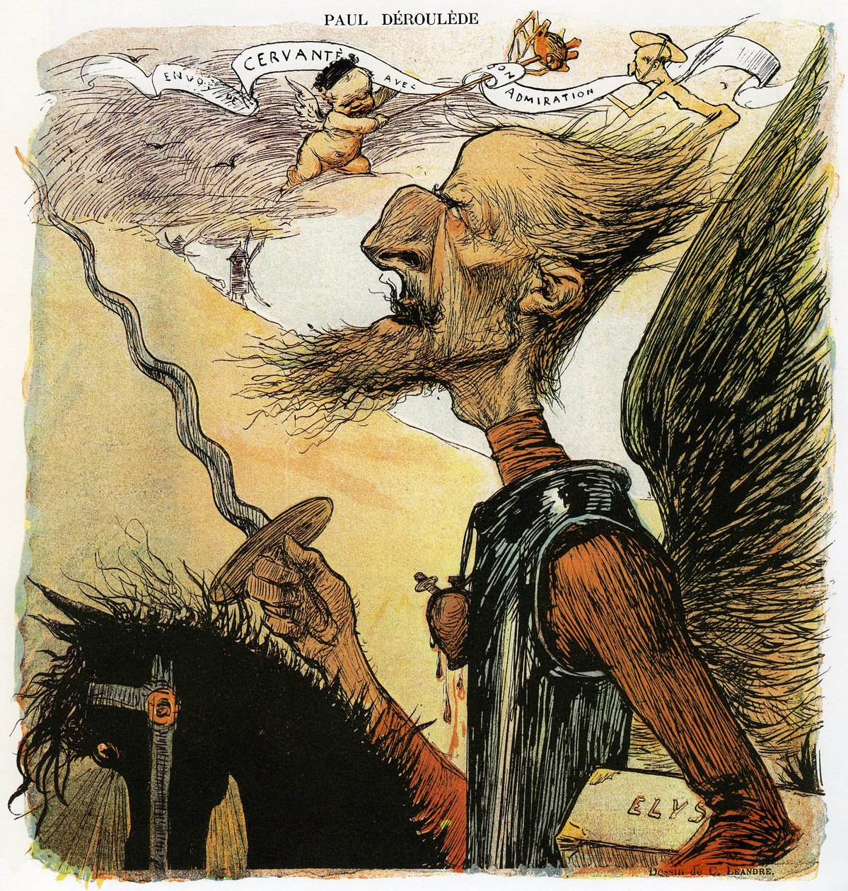 Paul Deroulede (1846-1914), French writer and nationalist activist, an important actor in anti-Dreyfusism, caricature by Charles Leandre as a knight Don Quixote: going to fight against windmills, he carries under his arm a suitcase marked 