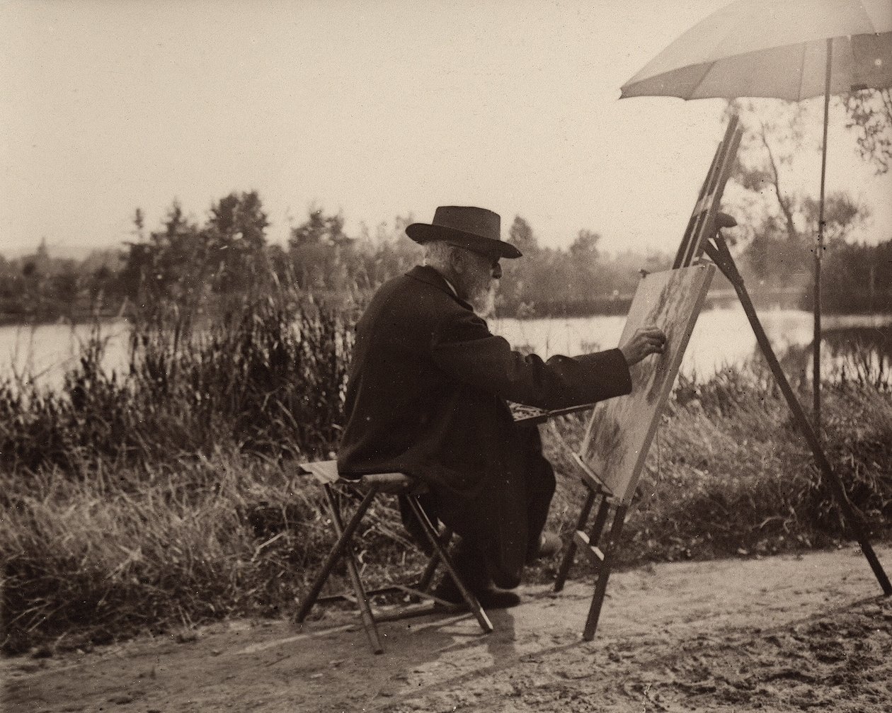 The painter Lhermitte Léon (1844-1925), while working on the Marne sidebank, not far from his property, about 1914-1915, France by Charles Lhermitte