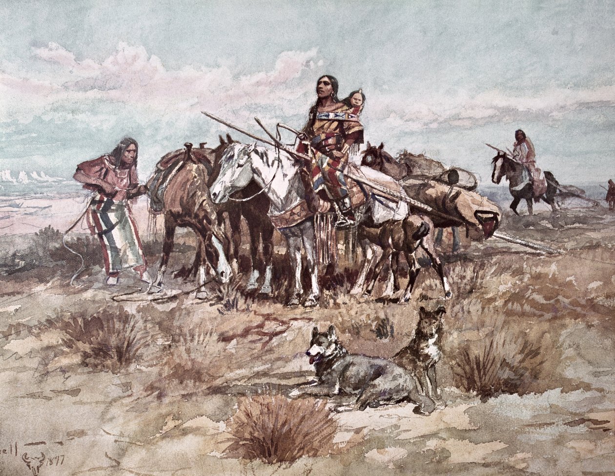 Native Americans Plains People moving camp by Charles Marion Russell
