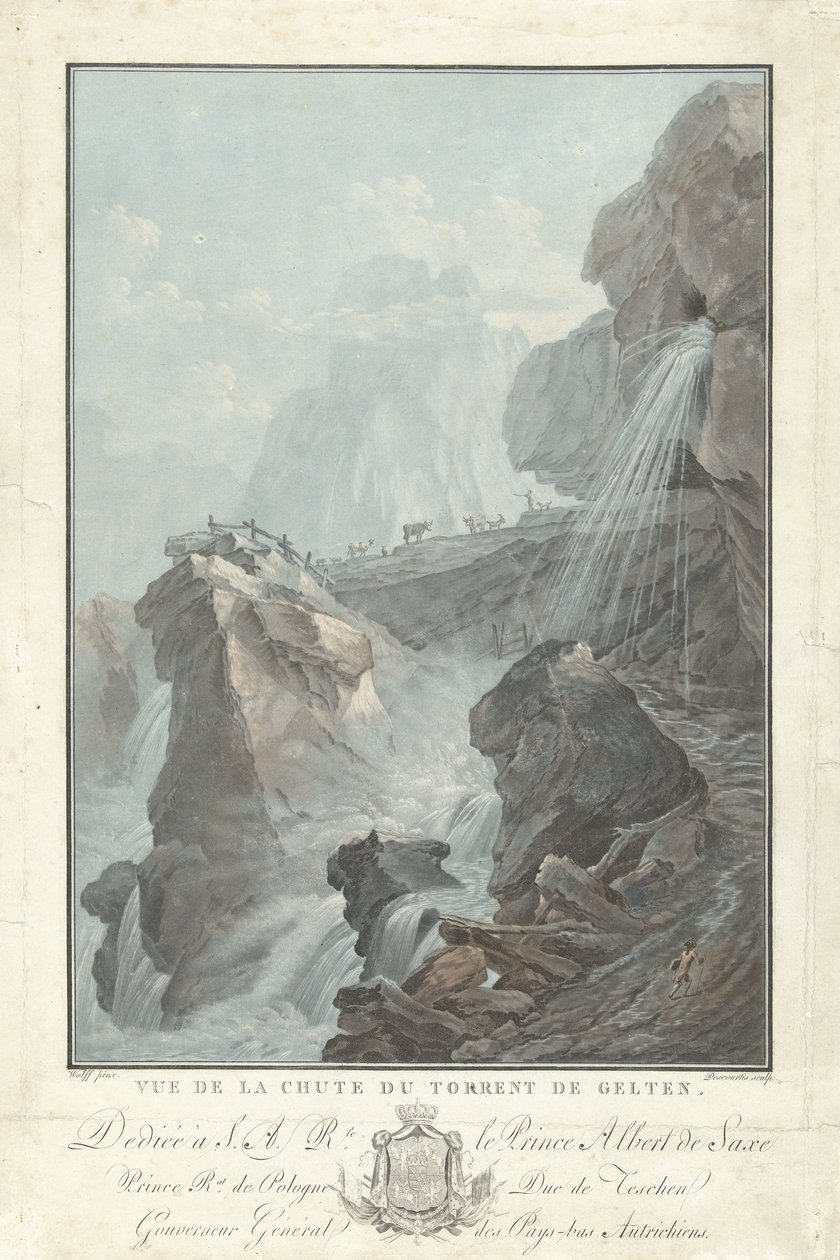 View of the Gelten Waterfall (Vues remarquables des montagnes de la Suisse) by Charles Melchior Descourtis
