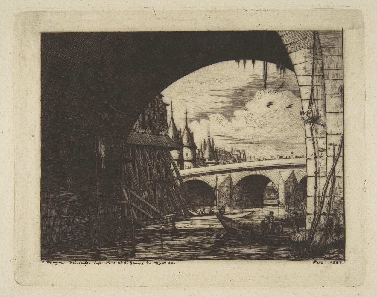 Archway, Pont Notre-Dame, Paris, from "Etchings of Paris" by Charles Meryon