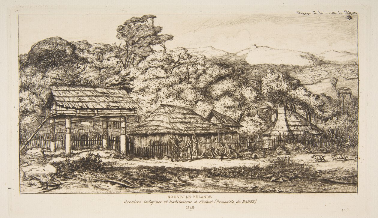 Native Barns and Huts at Akaroa, Banks Peninsula, 1845, from "The Voyage to New Zealand (1842-46)" by Charles Meryon