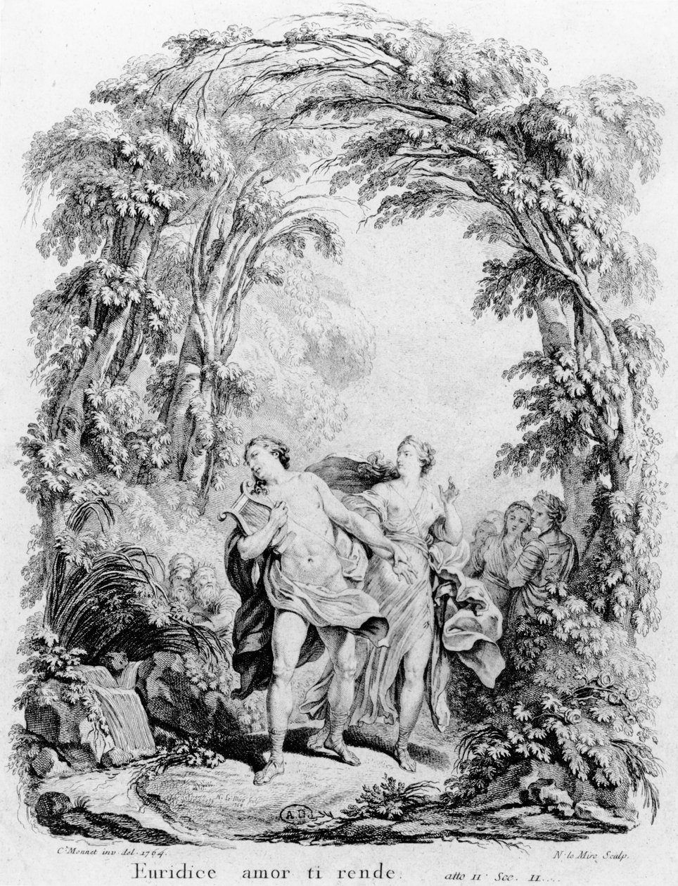 Orpheus leading Eurydice out of hell, illustration for the opera 