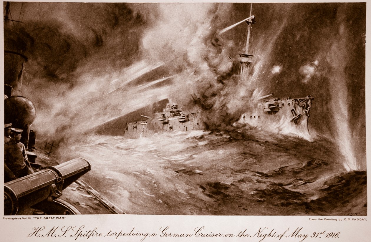 H.M.S Spitfire torpedoing a German Cruiser on the Night of May 31st by Charles Murray (after) Padday