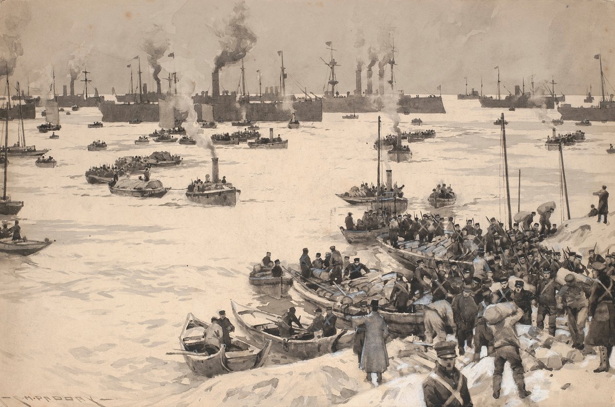 Japanese Troops Landing in Korea in 1905 by Charles Murray Padday