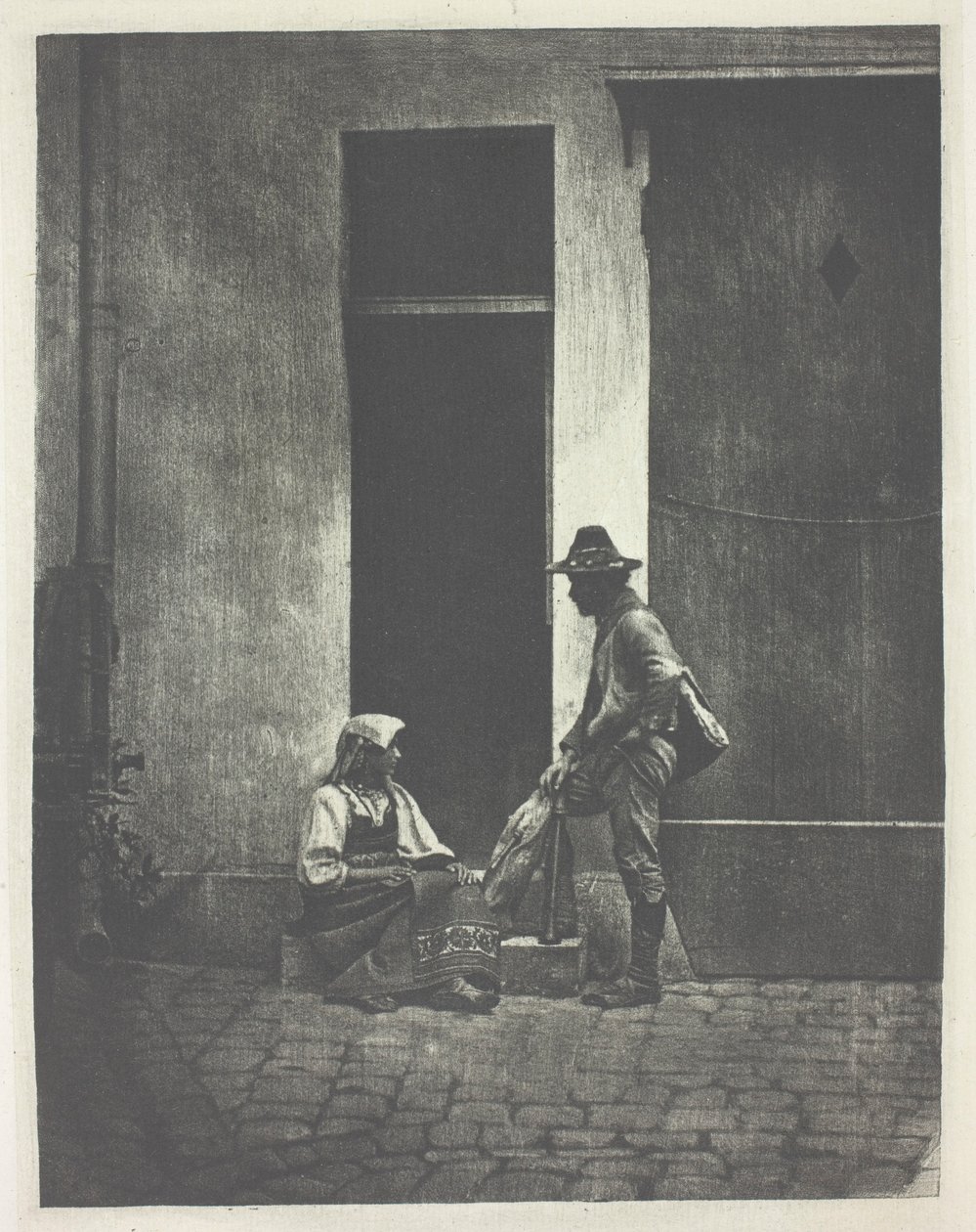 Standing Pifferaro and Seated Italian Peasant Woman, in the Courtyard of 21 Quai Bourbon by Charles Nègre