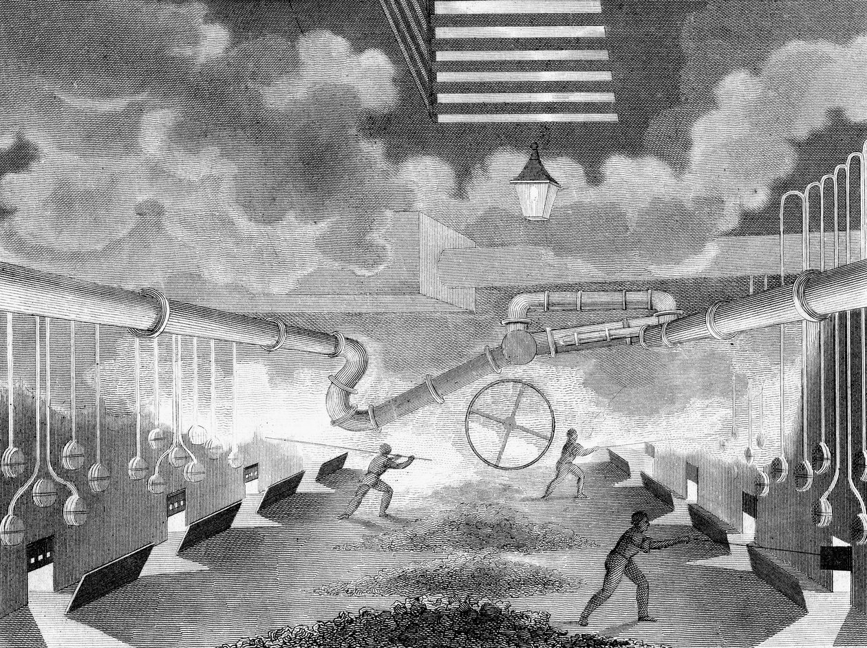 General View of a Gas Works, Showing Retorts Being Charged, 1835 by Charles Partington