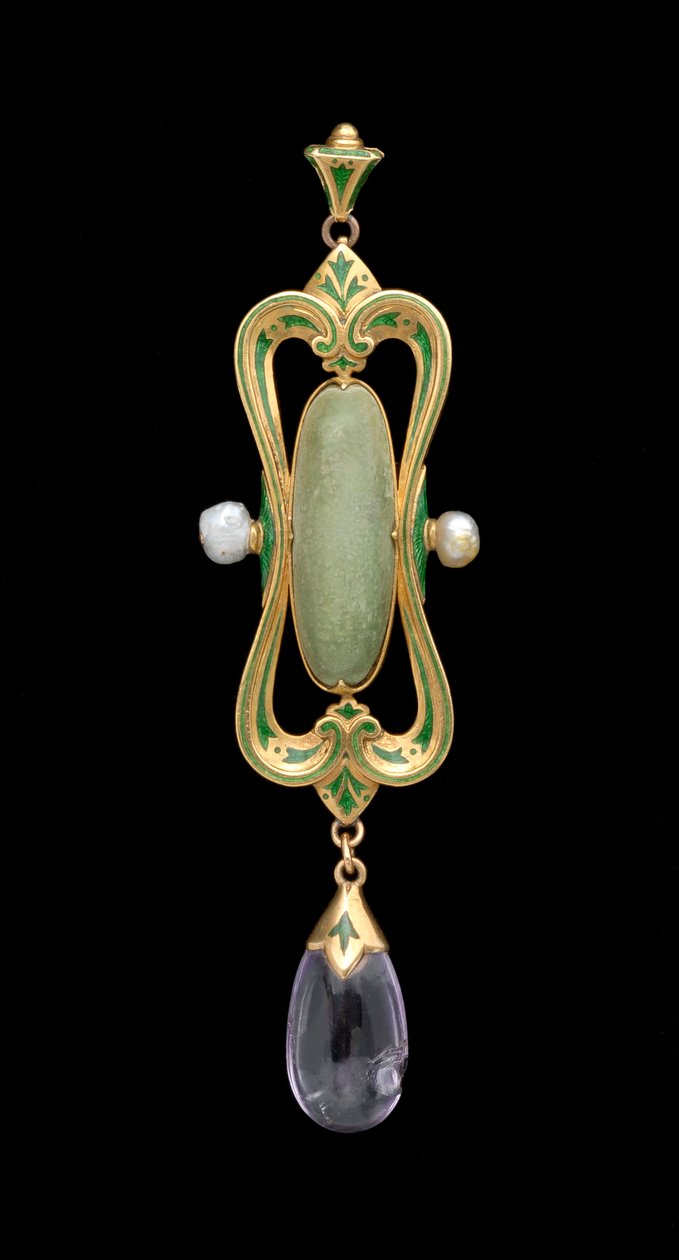 Pendant (gold, enamel, translucent green gem & pearl) by Charles Ricketts