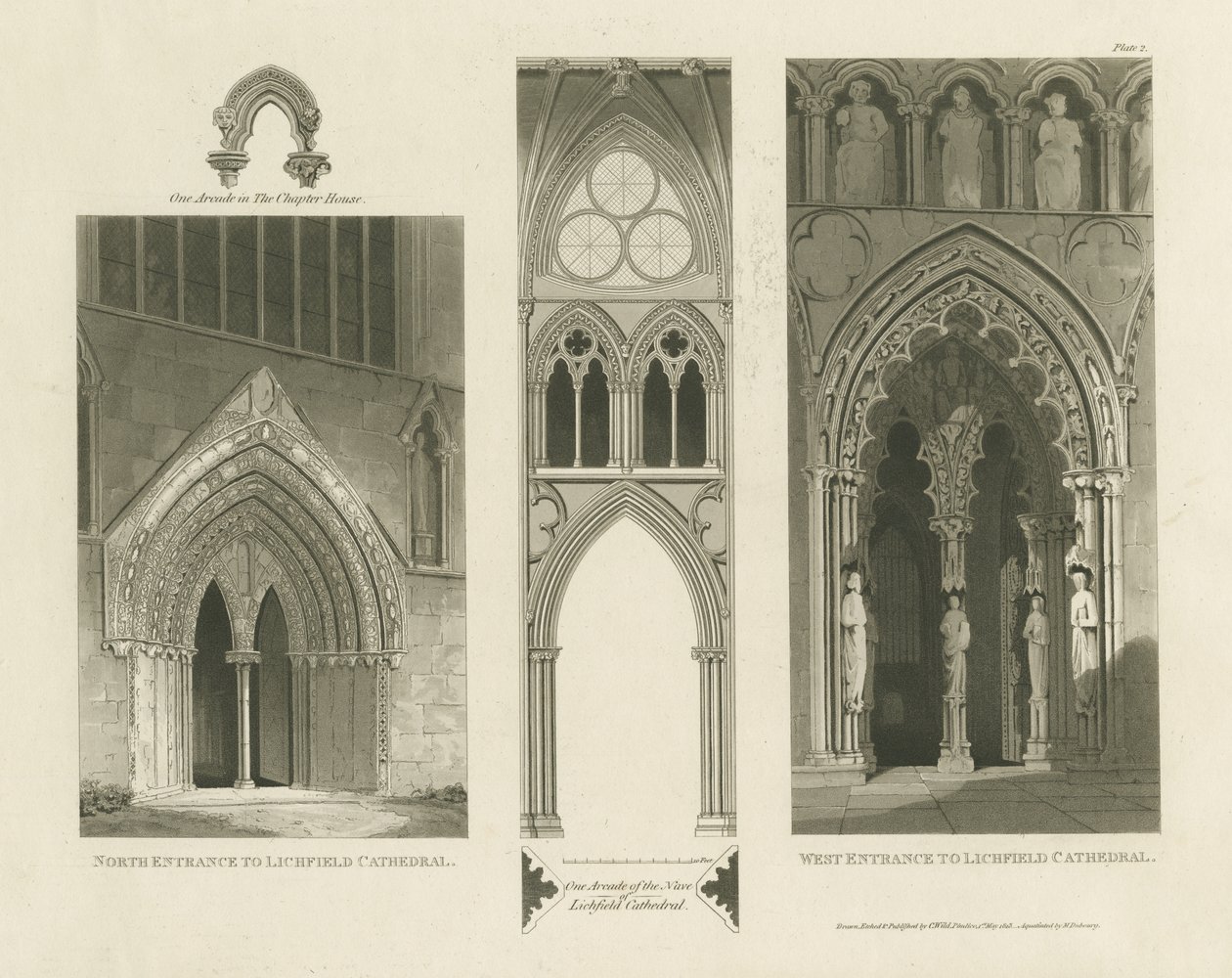 Lichfield Cathedral - West Entrance, North Entrance and Nave (engraving) by Charles Wild